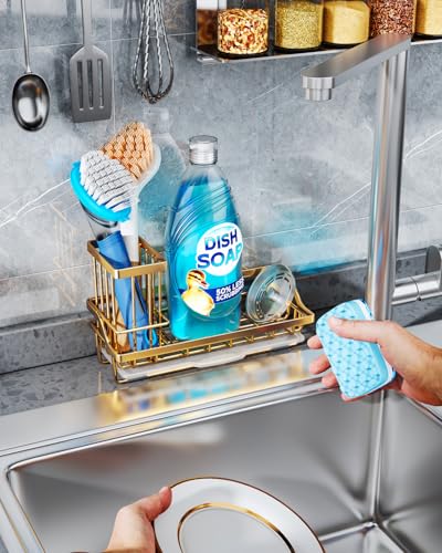 Consumest Sink Caddy, Kitchen Sponge Holder with Dish Brush Holder, Kitchen Sink Organizer with Drip Tray for Countertop, Stainless Steel Rustproof - Gold - color: Gold