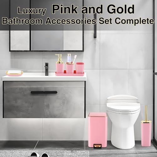 XLHOMO Pink Bathroom Accessories Set 8 Piece Pink and Gold Bathroom Set, Bathroom Sets with Stainless Steel Trash Can,Toilet Brush,Toothbrush Set,Soap Dispenser - size: Pink, style: Bath Set