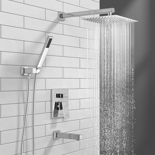 Lava Odoro Modern 3-Setting Square Shower and Tub Faucet Set with Shower Head and Handheld Sprayer Chrome, Rainfall Shower System with Tub Spout, Shower Valve Trim Kit, Chrome, SF103-C-T - color: Chrome, style: With Tub Spout