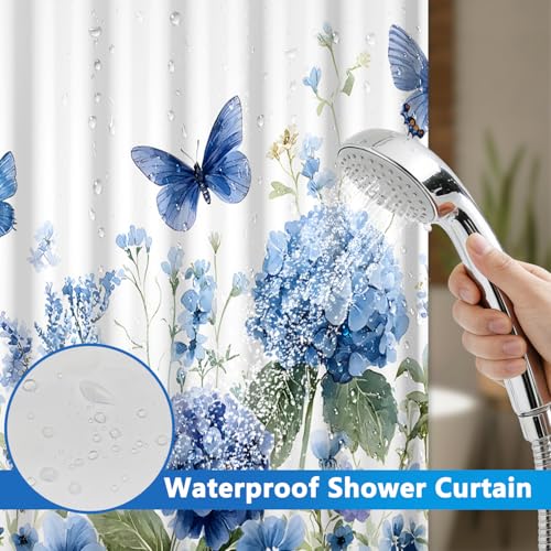No Hook Floral Shower Curtains, Blue Hydrangea Double Layers Waterproof Fabric Shower Curtain with Snap in Liner and Top Sheer Window, 71x74in Hotel Summer Bathroom Shower Curtains with Weighted Hem - color: Blue Hydrangea