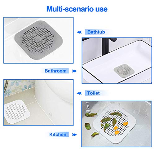 Drain Hair Catcher 2 Packs, Shower/Bathtub Drain Cover, Silicone Hair Catcher for Shower, Square Drain Stopper for Tub,Kitchen,Bathroom Gray/White