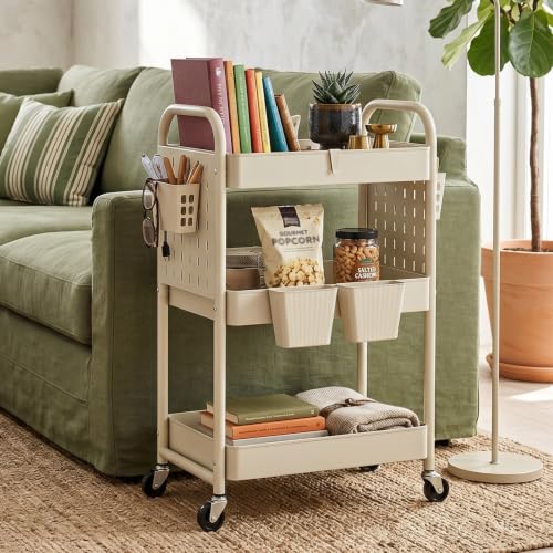 3 Tier Rolling Cart with Retractable Dividers, Multi-Functional White Rolling Utility Cart with Pegboards, Hooks & Hanging Cups for Nursery, Living Room, Studio - color: Beige