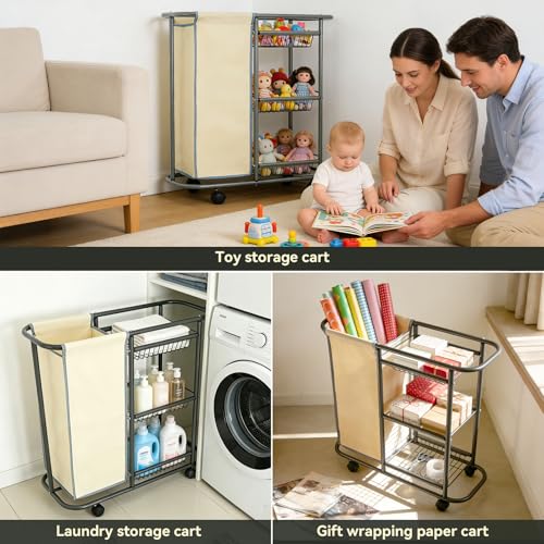 Narrow Laundry Cart with Wheels, 3 Baskets and 45L Laundry Bag | Metal Rolling Cart for Small Space, Laundry Room Organization and Storage, for Bathroom Living Room Apartment Dorm