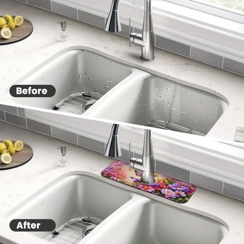 Pink butterfly flower Kitchen sink faucet pad, strong water absorption, anti slip, easy to clean, very suitable for splash and drip prevention, suitable for kitchens and bathrooms - color: Pink butterfly flower