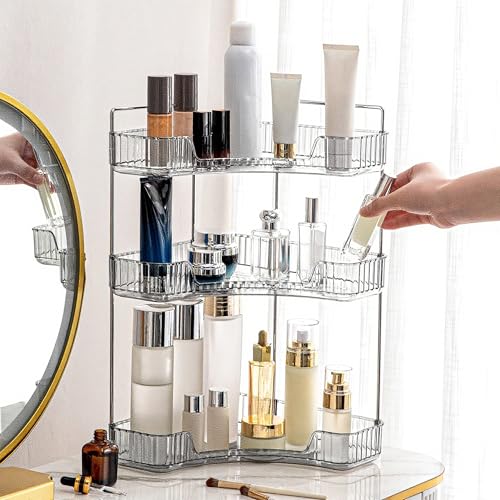 INVSSENE Corner Bathroom Countertop Organizer, Vanity Organizer Trays for Counter, Makeup Organizers, Perfume Tray, Skincare Shelf Storage Gifts for Women Girl Student (Smoky Gray 3 Tiers) - color: Gray, size: 13.6" x 10.1" x 17.5"