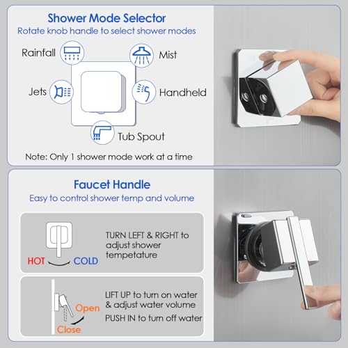 ROVOGO Shower Panel Tower System With Led Lights, 5 Shower Modes, Brushed | Rainfall Mist Shower Head, 3 Body Jets, Handheld and Tub Spout, Stainless Steel Shower Column With Mixing Valve, 46.5 Inch - style: Brusehd- With Led Lights