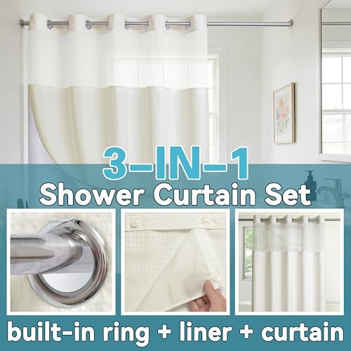 Conbo Mio No Hook Waffle Weave Shower Curtain with Snap in Liner Set, Hotel Luxury Beige Shower Curtains for Bathroom with See Through Top Window, Waterproof, Washable 71W x 74H - color: Waffle-beige, size: 71"W x 74"L (Pack of 1)