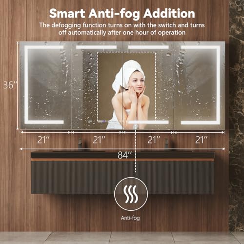 84" W Smart Lighted Medicine Cabinet with Mirror for Bathroom, Recessed/Surface Mount Medicine Cabinet with Anti-Fog, 1800W Charging Station, USB Ports, 3 Color Lights