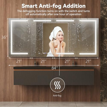 84" W Smart Lighted Medicine Cabinet with Mirror for Bathroom, Recessed/Surface Mount Medicine Cabinet with Anti-Fog, 1800W Charging Station, USB Ports, 3 Color Lights