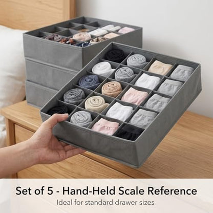 SUREMAX 5-Pack Underwear Drawer Organizer for Socks, Bras, Ties, Grey | Foldable, Fabric Drawer Dividers, Fits Standard 13"+ Dressers, 55 Compartments, for Bedroom, Closet, Bathroom