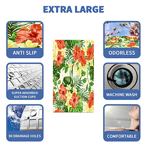 FCZ Bath Tub Mat Non Slip Shower Mat Tropical Floral Green Palm Tree Extra Long 26.8x15 inches Rectangular PVC Mat with Suction Cups Drain Holes Machine Washable - color: Tropical Floral Green Palm Tree