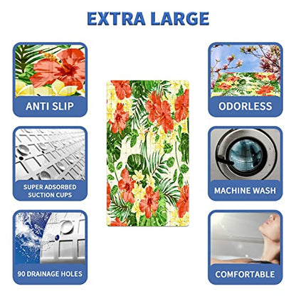 FCZ Bath Tub Mat Non Slip Shower Mat Tropical Floral Green Palm Tree Extra Long 26.8x15 inches Rectangular PVC Mat with Suction Cups Drain Holes Machine Washable - color: Tropical Floral Green Palm Tree