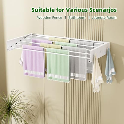 BAKON Wall Mounted Drying Rack 32'', Hidden Clothes Drying Rack for Indoor | Space Saving for Balcony Laundry Room Small Space, 60lbs Capacity, 6 Towel Hooks and 5 Rods, Invisible,Heavy Duty Metal - size: 31.5''【6 Hooks】