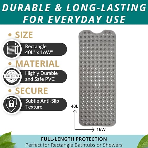 ENKOSI Non-Slip Bath & Shower Mat 40x16 Extra Long, Suction & Drain Holes | Clear Gray look; Durable PVC; 40x16 in, Clear Gray - color: Clear Gray