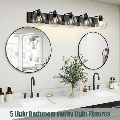 5 Light Bathroom Light Fixtures-Matte Black Bathroom Vanity Lights, Modern Vanity Lights 5-Light Bathroom Lighting Fixtures Over Mirror with Clear Glass Globe Shade - color: ‎Matte Black, size: 5-Light
