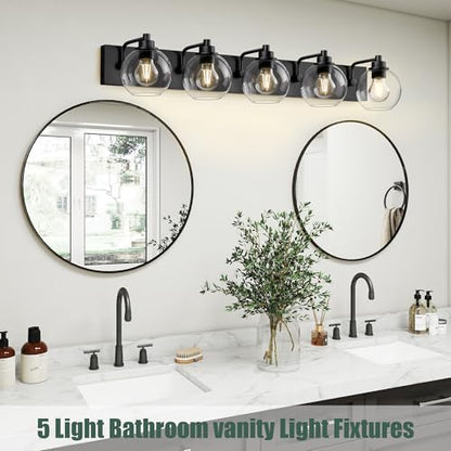 5 Light Bathroom Light Fixtures-Matte Black Bathroom Vanity Lights, Modern Vanity Lights 5-Light Bathroom Lighting Fixtures Over Mirror with Clear Glass Globe Shade - color: ‎Matte Black, size: 5-Light