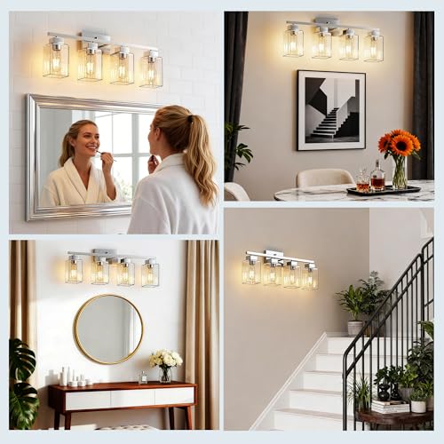 4-Light Bathroom Light Fixtures, Brushed Nickel Modern Vanity Lights, Bathroom Lighting Fixtures Over Mirror, Square Design Farmhouse Wall Sconces with Clear Glass Shades - color: Brushed Nickel, size: 4-Light