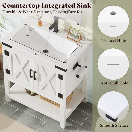 AMERLIFE 24" White Farmhouse Bathroom Vanity with Sink and Open Shelf | Antique White, Single Solid White Integrated Top, Moisture-Resistant MDF, Barn Doors, Open Shelf, Paper Towel Holder - color: Antique White, size: 24“