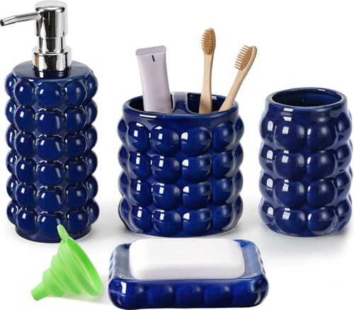 4 Piece Ceramic Bathroom Accessories Set –Soap Dispenser,Toothbrush Holder,Tumbler & Soap Dish,Includes Silicone Funnel,Non-Slip,Modern Farmhouse Countertop Organizer Set for Bathroom Decor, Navy Blue - color: Blue Bathroom Accessories Set 4 Pcs