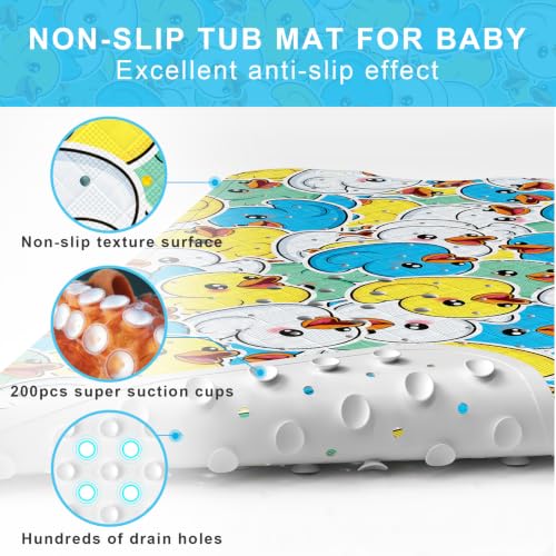 Baby Bath Mat for Tub Non Slip Kids, BPA Free Extra Long Bathtub Mat 40x16 with Drain Holes and 200 Suction Cups, Non Toxic Machine Washable Toddler Bath Mat, No Fading, Sticker Duck - color: Y-duck 1