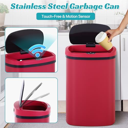 Dkeli 13 Gallon Trash Can Automatic Kitchen Trash Can 50 Liter Touch Free Garbage Can with Lid Brushed Waste Bin for Home Office Bedroom Bathroom, Red - color: Red, size: 15 x 10 x 24 inches