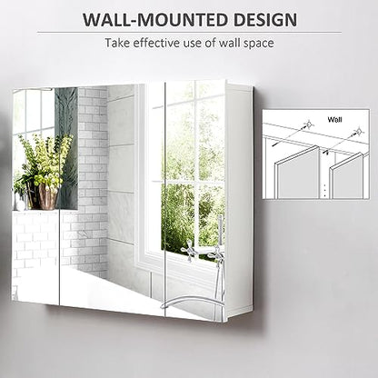 kleankin Bathroom Medicine Cabinet with Mirror, 3 Doors, Wall Mount, White | Bathroom Mirror Cabinet, Adjustable Shelves