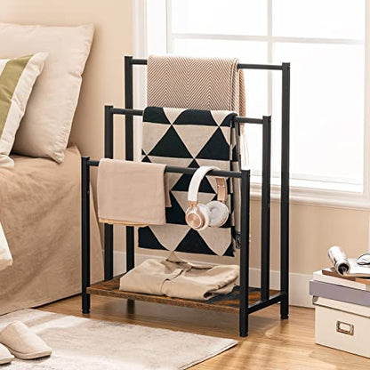HOOBRO Free Standing Towel Rack, 3 Tier Blanket Rack, Blanket Holder for Bathroom, 23.6" L x 11" W x 31.9" H, Industrial Metal Drying and Display Rack with Shelf, Rustic Brown and Black BF06LB01 - color: Rustic Brown + Black, size: 23.6" L x 11" W x 31.9"