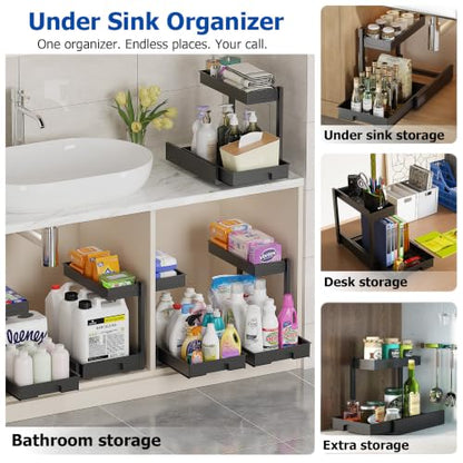 BLULEE 2 Pack Under Sink Organizer, Adjustable Pull Out Storage Rack | L-Shaped Set of 2 Sliding Bathroom Vanity & Kitchen Shelf, Bypasses Pipes, Heavy Duty Metal Frame Fits Tall Bottles