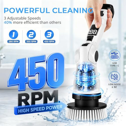Electric Spin Scrubber (General) | 6-Angle Adjustable Head, 54" Extendable Handle, IPX6 Waterproof, Cordless, Shower Cleaner Brush for Tub Grout Tile Floor Car - size: General