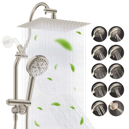 Hibbent High Pressue All Metal 12" Rainfall Shower Head, Handheld 10-Spray | cUPC Certified Brushed Nickel Dual Showerhead Combo, 4-way Diverter with Pause Mode, Brass Extension Arm, 71'' Hose & Holder - color: Brushed Nickel, style: Square 12"