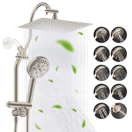 Hibbent High Pressue All Metal 12" Rainfall Shower Head, Handheld 10-Spray | cUPC Certified Brushed Nickel Dual Showerhead Combo, 4-way Diverter with Pause Mode, Brass Extension Arm, 71'' Hose & Holder - color: Brushed Nickel, style: Square 12"