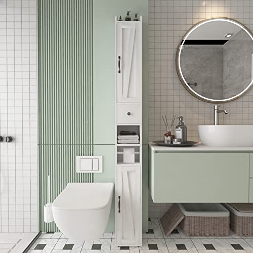 Tall Bathroom Storage Cabinet with Adjustable Shelves, Narrow Storage Cabinet with 2 Doors, Drawer, Toilet Paper Holder, Slim Storage Cabinet for Small Space, Kitchen, Laundry, Entryway, White - color: White