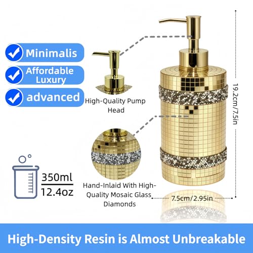 Gold Mosaic soap Dispenser, Shining Glass，Bathroom Reusable 12oz | Gold soap dispenser mosaic decorative , sparkling glass, kitchen and bathroom, artistic home decoration, countertop use - size: Soap Dispenser