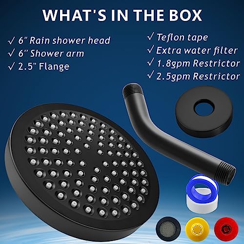 High Pressure Rain Shower Head with Arm - High Flow Rainfall Showerhead - Luxury Modern Look - Pressure Boosting (6" Shower Head with 6" Arm, Matte Black) - color: Midnight Black Matte