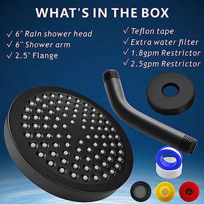 High Pressure Rain Shower Head with Arm - High Flow Rainfall Showerhead - Luxury Modern Look - Pressure Boosting (6" Shower Head with 6" Arm, Matte Black) - color: Midnight Black Matte