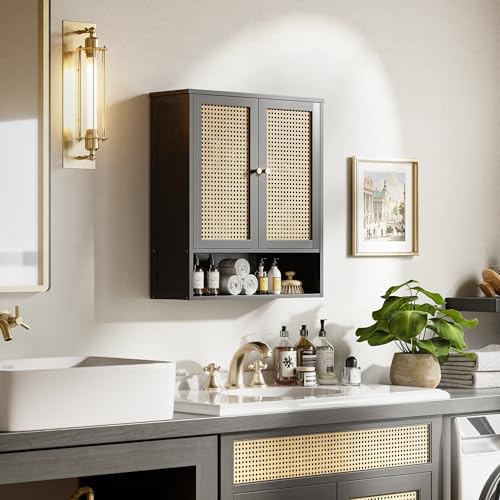 HITNET Wall Mounted Bathroom Cabinet, Rattan Hanging Cabinet, Space-Saving Bathroom Wall Cabinet with 2 Doors and Adjustable Shelves, Black - color: Black