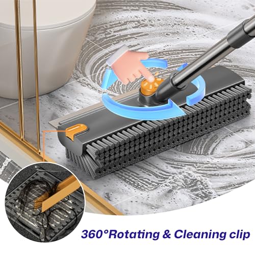 3-in-1 Floor Scrub Brush with Long Handle, Scrape and Heavy-Duty Stiff Bristle Floor Scrubber Brush with Squeegee and Tweezer for Cleaning Tile Kitchen Wall Deck Bathroom Patio Garage
