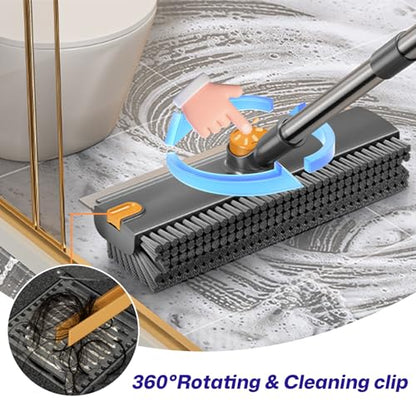 3-in-1 Floor Scrub Brush with Long Handle, Scrape and Heavy-Duty Stiff Bristle Floor Scrubber Brush with Squeegee and Tweezer for Cleaning Tile Kitchen Wall Deck Bathroom Patio Garage