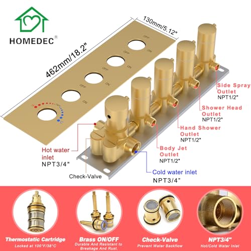 HOMEDEC 16" Round Shower Faucet Set with 6" Wall Mounted Shower Head, 4 Way Shower Valve with 2-Function Handheld Shower and Body Jets, Brushed Gold - color: Brushed Gold, style: 4-Way + 1x 6" Top