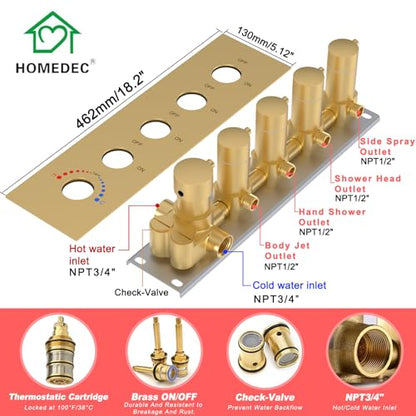 HOMEDEC 16" Round Shower Faucet Set with 6" Wall Mounted Shower Head, 4 Way Shower Valve with 2-Function Handheld Shower and Body Jets, Brushed Gold - color: Brushed Gold, style: 4-Way + 1x 6" Top