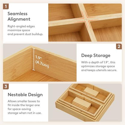 Lifewit Drawer Organizers 5 Pack(11 Grid) with 6 Inserts | Adjustable Bamboo Wooden Trays for Utensils, Silverware, Makeup, Kitchen, Bathroom, Office, Vanity Storage