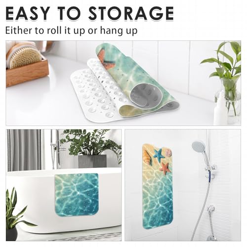 Bath Mat for Tub, Blue Seashell, 40 X 16 Inch, for Bathtub | Summer Beach Starfish Extra Long Tub with Suction Cups and Drain Holes for Kids Adults Elderly - color: Underwater Ocean Starfish