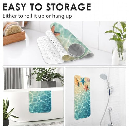 Bath Mat for Tub, Blue Seashell, 40 X 16 Inch, for Bathtub | Summer Beach Starfish Extra Long Tub with Suction Cups and Drain Holes for Kids Adults Elderly - color: Underwater Ocean Starfish