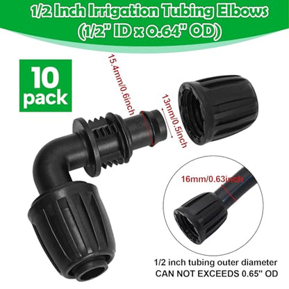 10 Pack 1/2 Inch Drip Irrigation Elbow Fittings (1/2" ID x 0.65" OD) - 1/2'' Drip Line Anti-Drop Barbed Lock Nut Elbow Connectors for 1/2 Inch Drip Irrigation Tubing for Irrigation System - size: 1/2" Drip Elbow