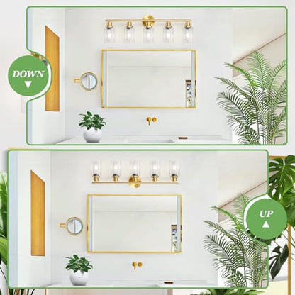 5-Light Bathroom Vanity Lights, E26 Modern Brushed Gold Bathroom Light Fixtures with Clear Glass Shade, Mirror Kitchen Hallway Cabinet Living Room Sconces Wall Lights - color: Gold & Clear Glass Shade, size: 31.4 Inch : 5-Light