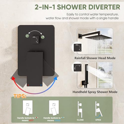 Kurpot Black Shower System, Wall Mounted Shower Faucet Set with Valve, 10-Inch Rainfall Shower Head with Handheld Combo Spray, 59'' Long Shower Hose and Shower Trim Kit, Matte Black - color: Matte Black