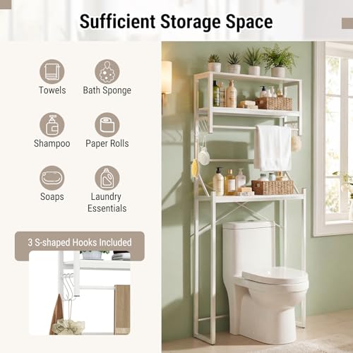 Tangkula 3-Tier Over The Toilet Storage, 64” Tall Bathroom Shelf Space Saver with Hanging Bar, 3 S-Shaped Hooks, Metal Legs, Freestanding Above Toilet Bathroom Organizer for Laundry Room, White
