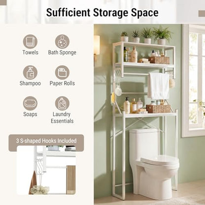 Tangkula 3-Tier Over The Toilet Storage, 64” Tall Bathroom Shelf Space Saver with Hanging Bar, 3 S-Shaped Hooks, Metal Legs, Freestanding Above Toilet Bathroom Organizer for Laundry Room, White