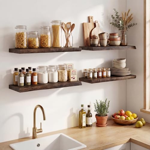 18 inch Floating Shelves for Wall Live Edge, Walnut, 2PCs | 8'' D Rustic Solid Elm Wood, Wall Mounted, Wall Shelves, Invisible Bracket, Living Room Bedroom Kitchen - color: Walnut Live Edge, size: 18x8x1.4in, Set of 2