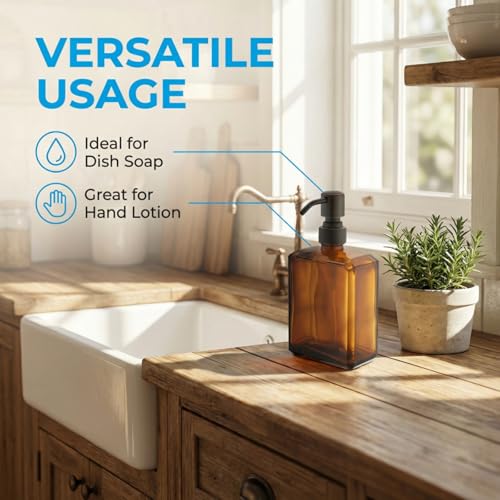Amber Soap Dispenser Square Bottle and Oil Rubbed Bronze Pump, Glass Dish Soap Dispenser with Stainless Steel Pump, 13.5 oz Lotion Dispenser for Bathroom, Kitchen Countertop - color: Amber Bottle With Oil Rubbed Bronze Pump, size: 13.5oz-Square
